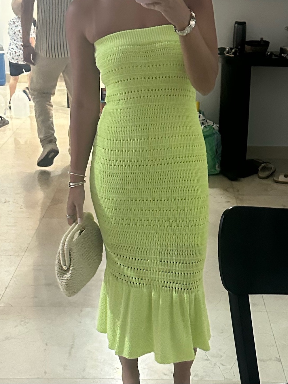 Lulu's Strapless Lime Crochet Midi Dress with Ruffle Hem